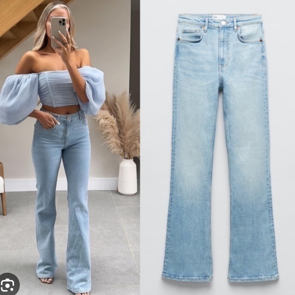 Zara Full Length Flare Jeans - Light Blue